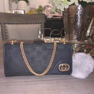 Gucci GG Black Gold Monogram Crossbody Wallet w/
